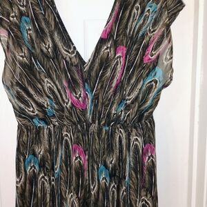 Lane Bryant Feather-Print Maxi Dress in Olive with Pink & Blue Accents PTP 24"